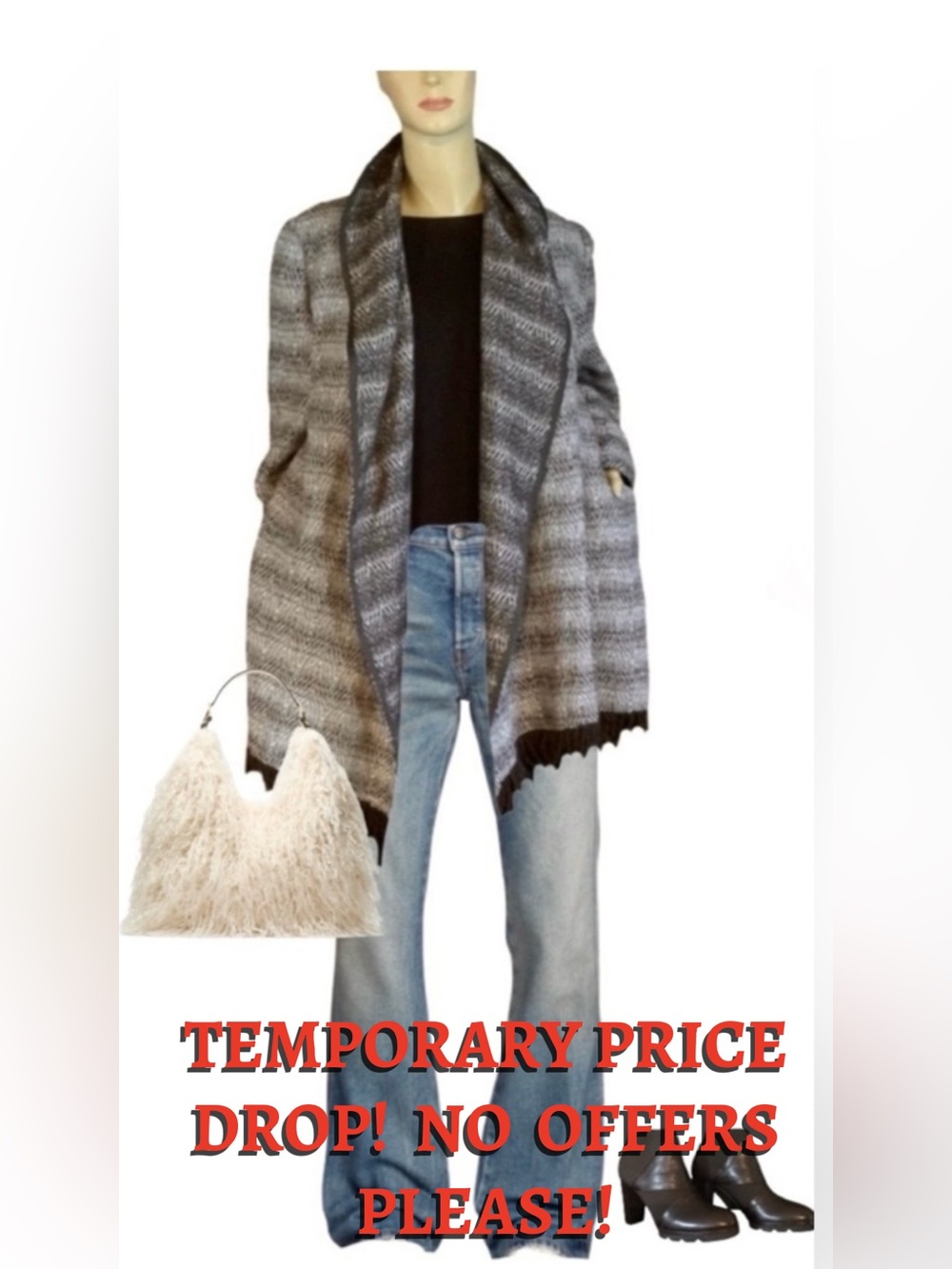 INSIGHT BROWN & CREAM OPEN-FRONT CHEVRON CARDIGAN SWEATER/JACKET W/FRINGE (12)